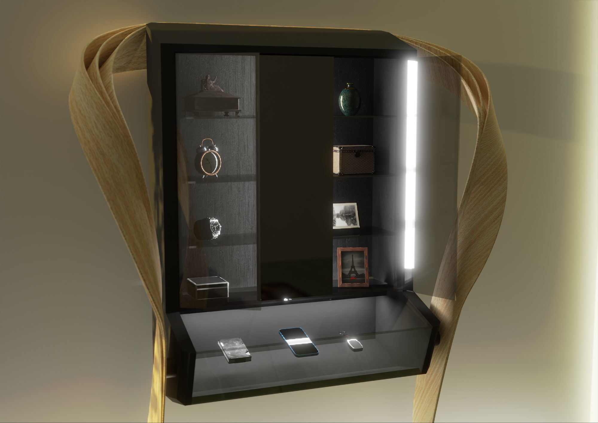Papu — Lichtspiel-Studie: innenliegende LED-Beleuchtung setzt Vitrine und Parsolglas-Front im abgedunkelten Raum in Szene