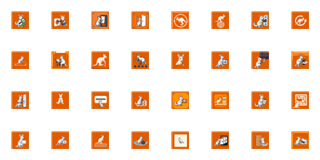 Die 32 Komponenten des Wallaby-Hop-Plugins als Grasshopper-Icon-Reiter, jede mit dem Wallaby-Maskottchen